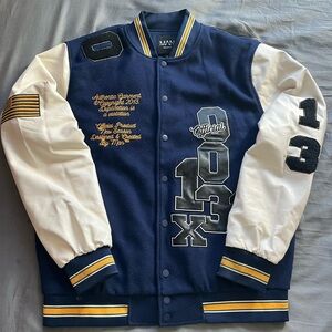 Designer Navy blue and white BoohooMan varsity’s jacket